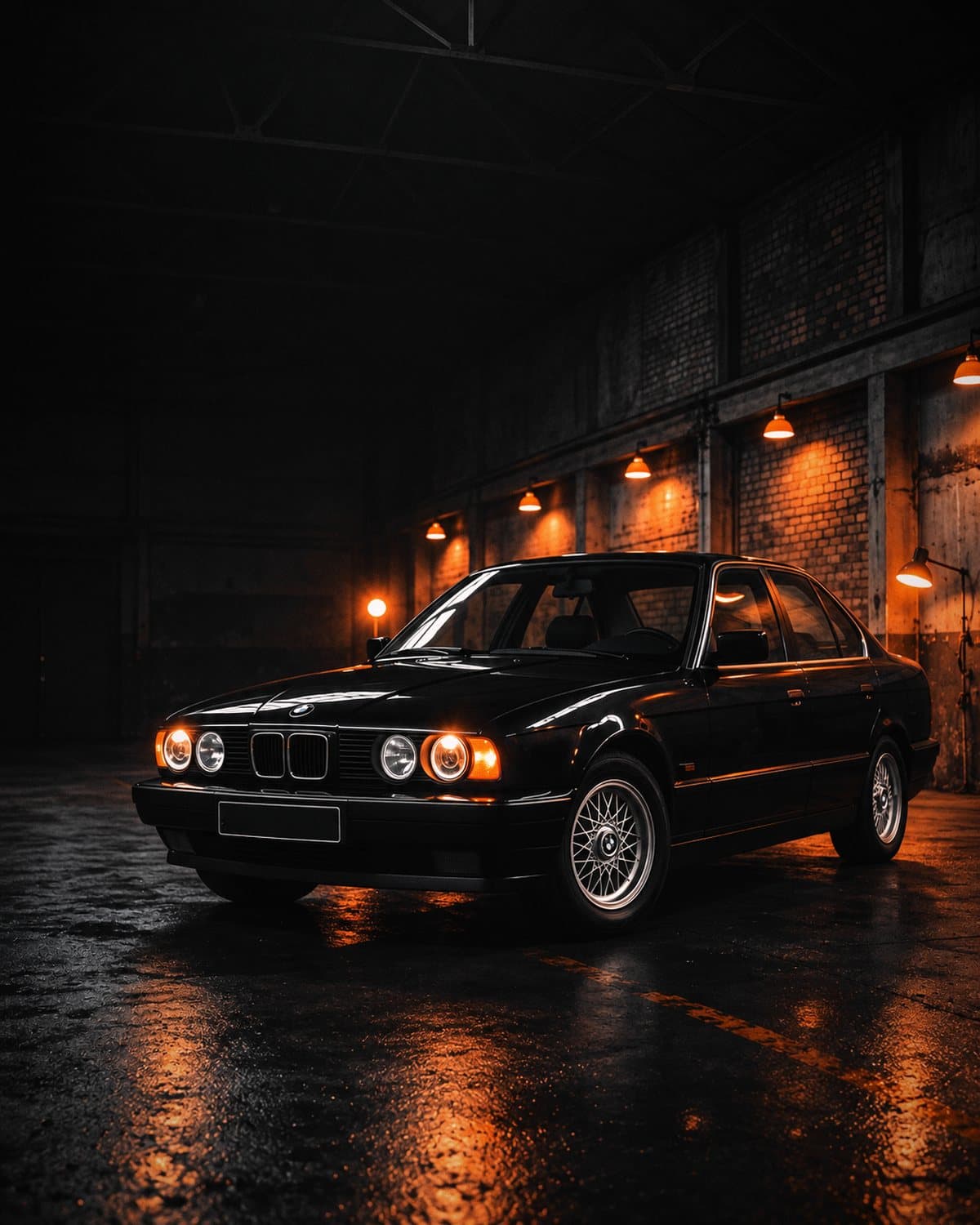 Чёрная BMW в мастерской, оранжевый свет